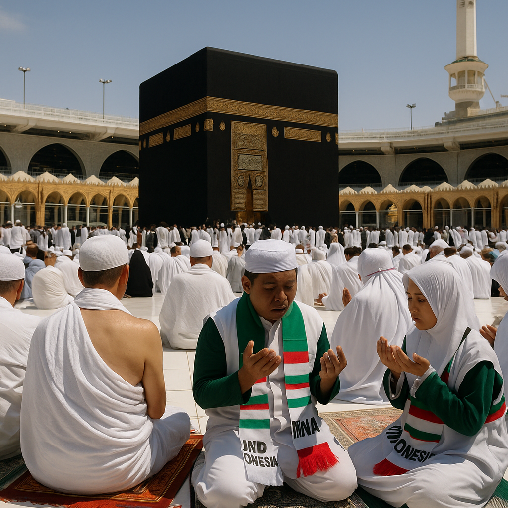 foto jamaah haji berdoa di depan kabah masjidil haram makkah